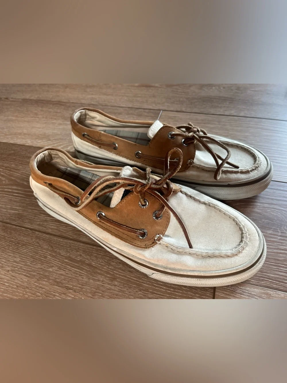 Sperry Top-Sider Men’s Boat Shoe cream canvas & brown leather Size 8.5